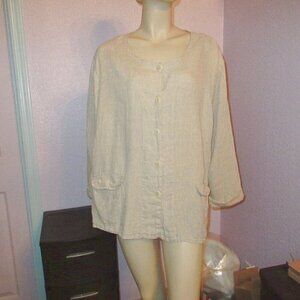Flax Womens Plus 2G 24 26 Linen Button Up Tunic Pockets Long Sleeves Lagenlook